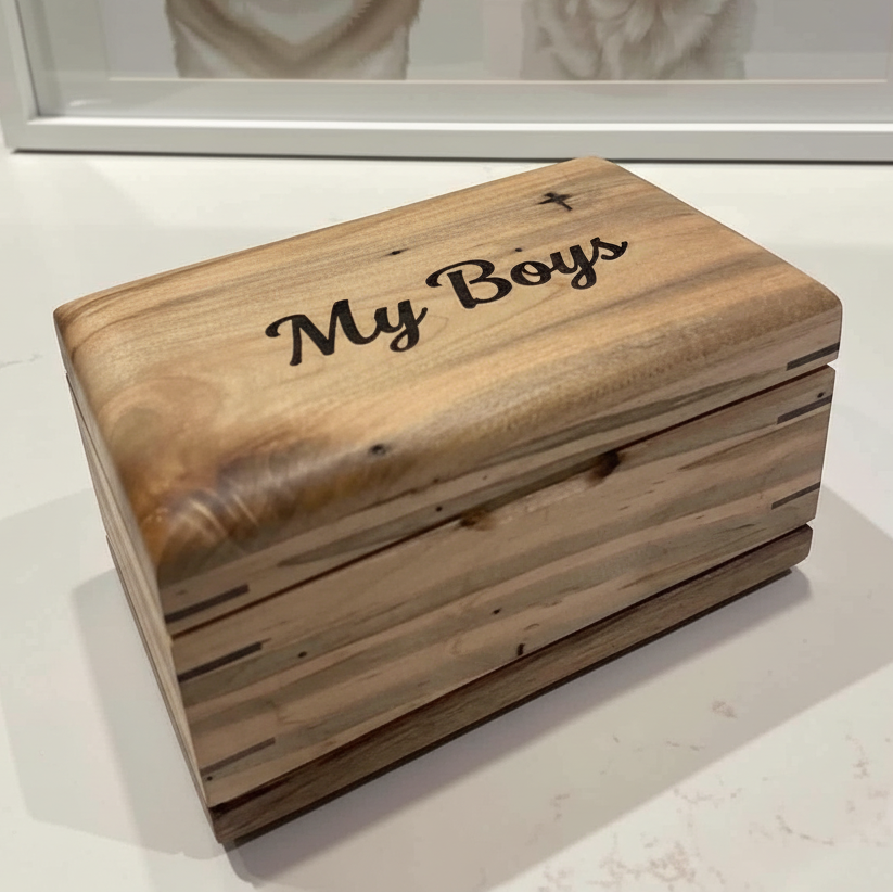 Handcrafted wooden cremation urn for pets with open paw design and custom engraving options