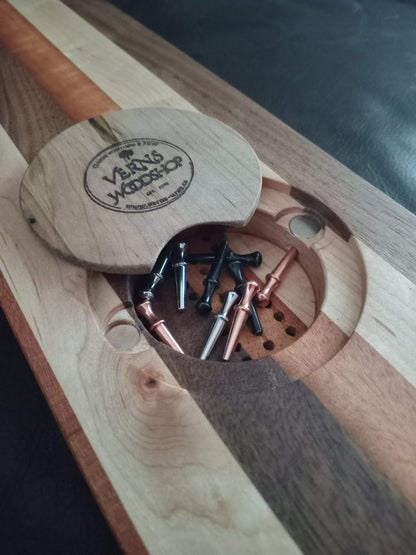 “Handcrafted Multi Wood Cribbage Boards with peg storage. A practical gift for all occasions.