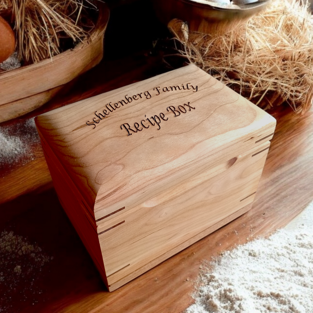 Handcrafted wooden recipe box personalized for family recipes with dividers and engraving options