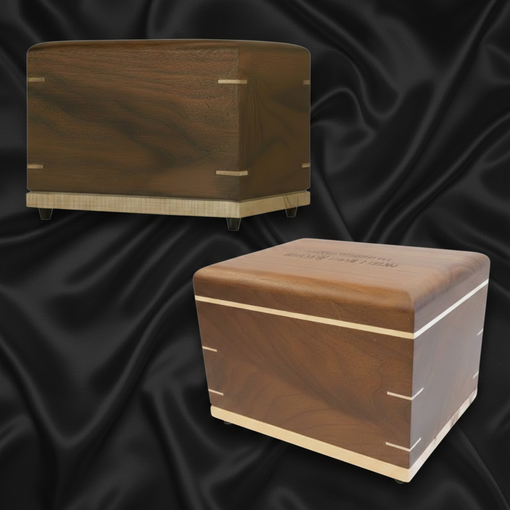 Black walnut wooden urns Twilight Grove and True North for ashes, handcrafted and available for immediate shipping