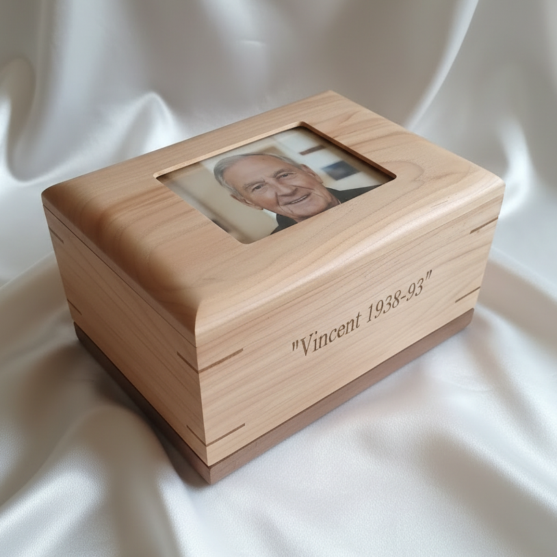 Custom Personalized Hardwood Photo Urn For Ashes -Memorywood Urn