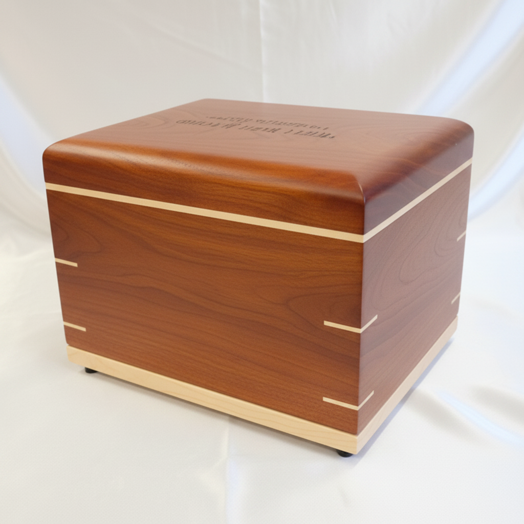 Handcrafted hardwood urn made in Canada with clean design and secure closure for ashes
