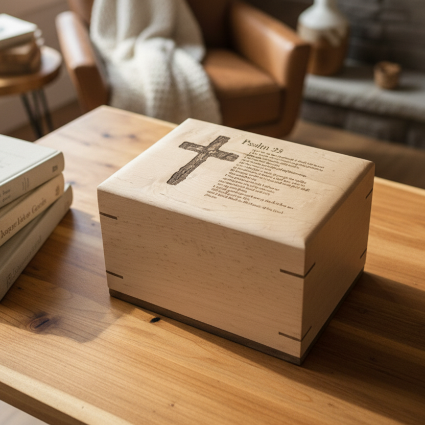 Personalized wooden urn handcrafted from solid hardwood with secure closure for ashes
