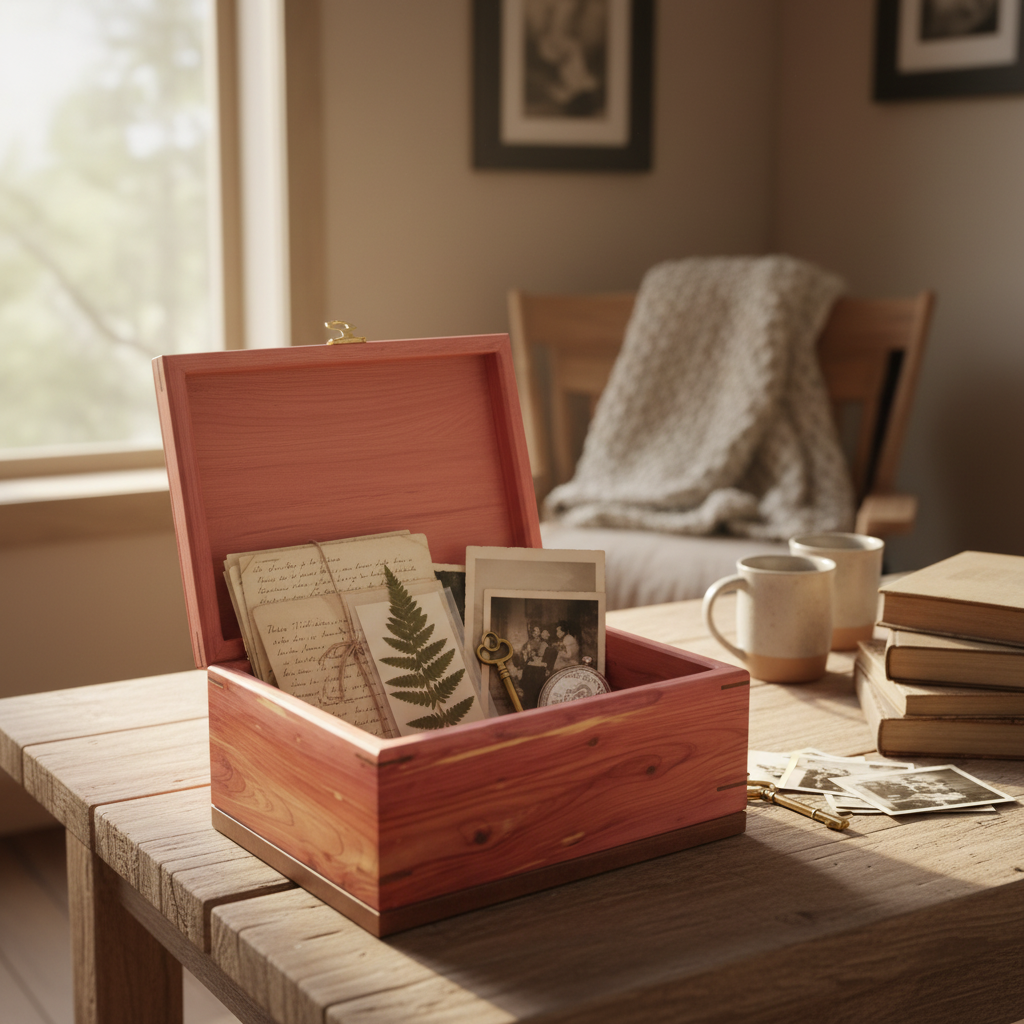 Handcrafted hardwood memory keepsake box with brass hinges and felt-lined bottom for storing precious items