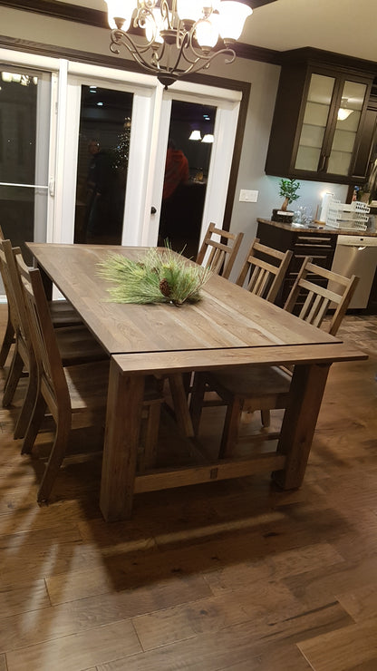 Wood table, kitchen table, Trestle Dining Set, dining chairs.