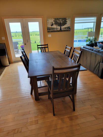 Wood table, kitchen table, Trestle Dining Set, dining chairs.