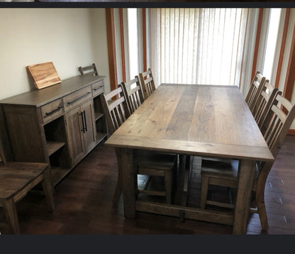 Wood table, kitchen table, Trestle Dining Set, dining chairs.